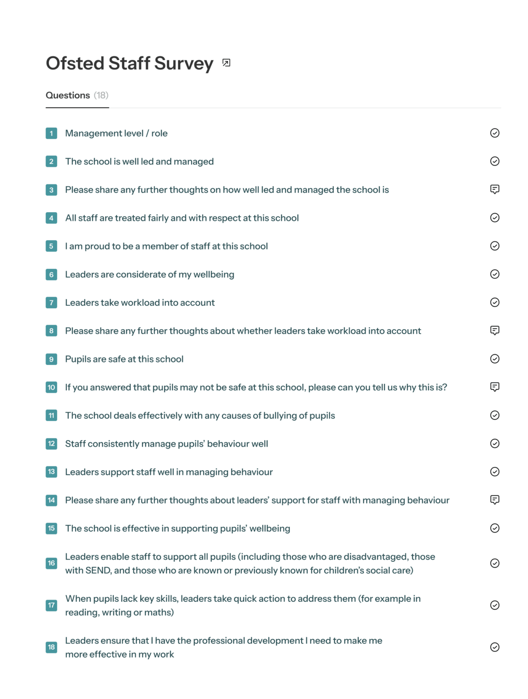 The Ofsted staff survey questions, available as a ready-to-use template in School Surveys