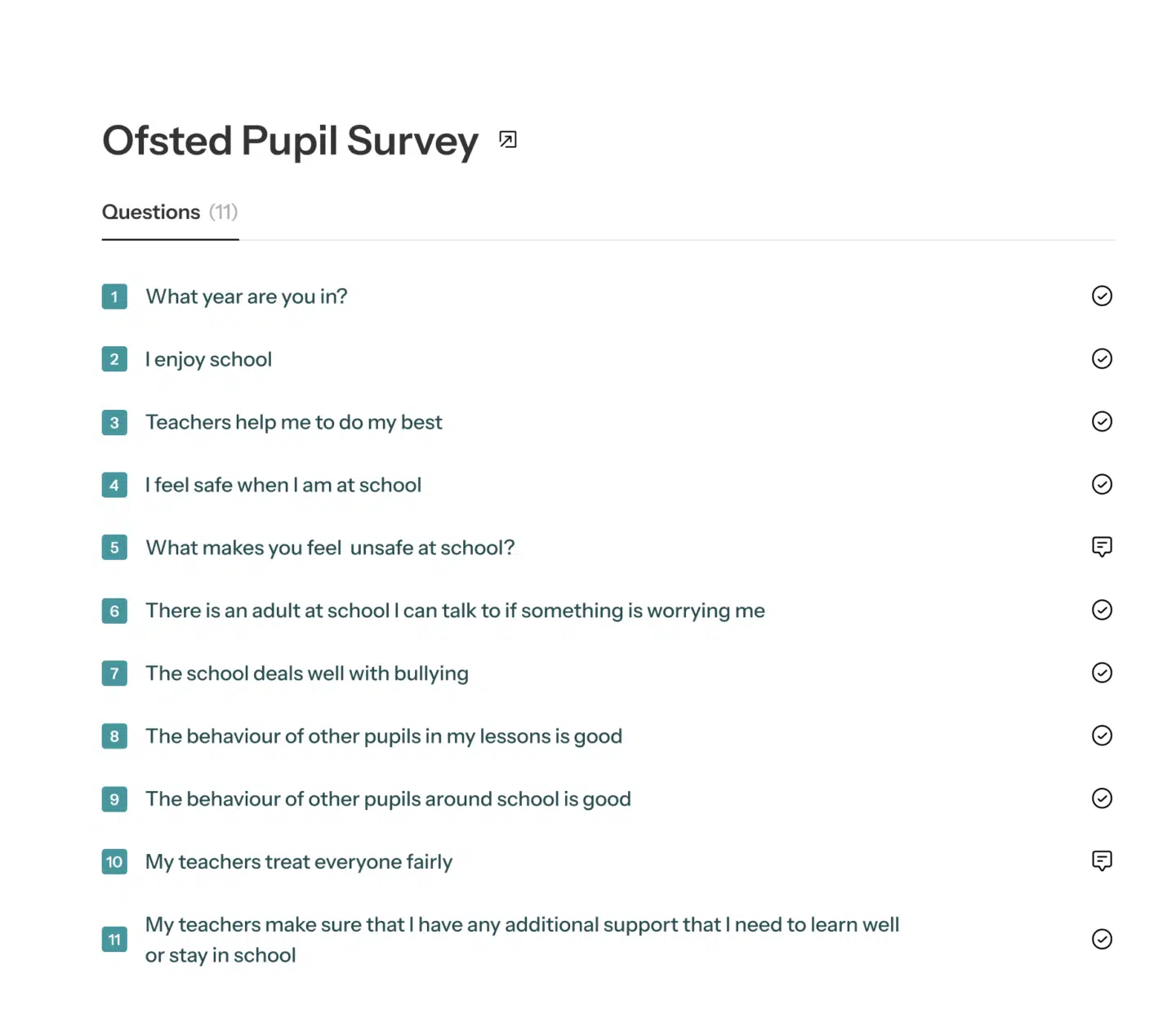 The Ofsted pupil survey questions, available as a ready-to-use template in School Surveys